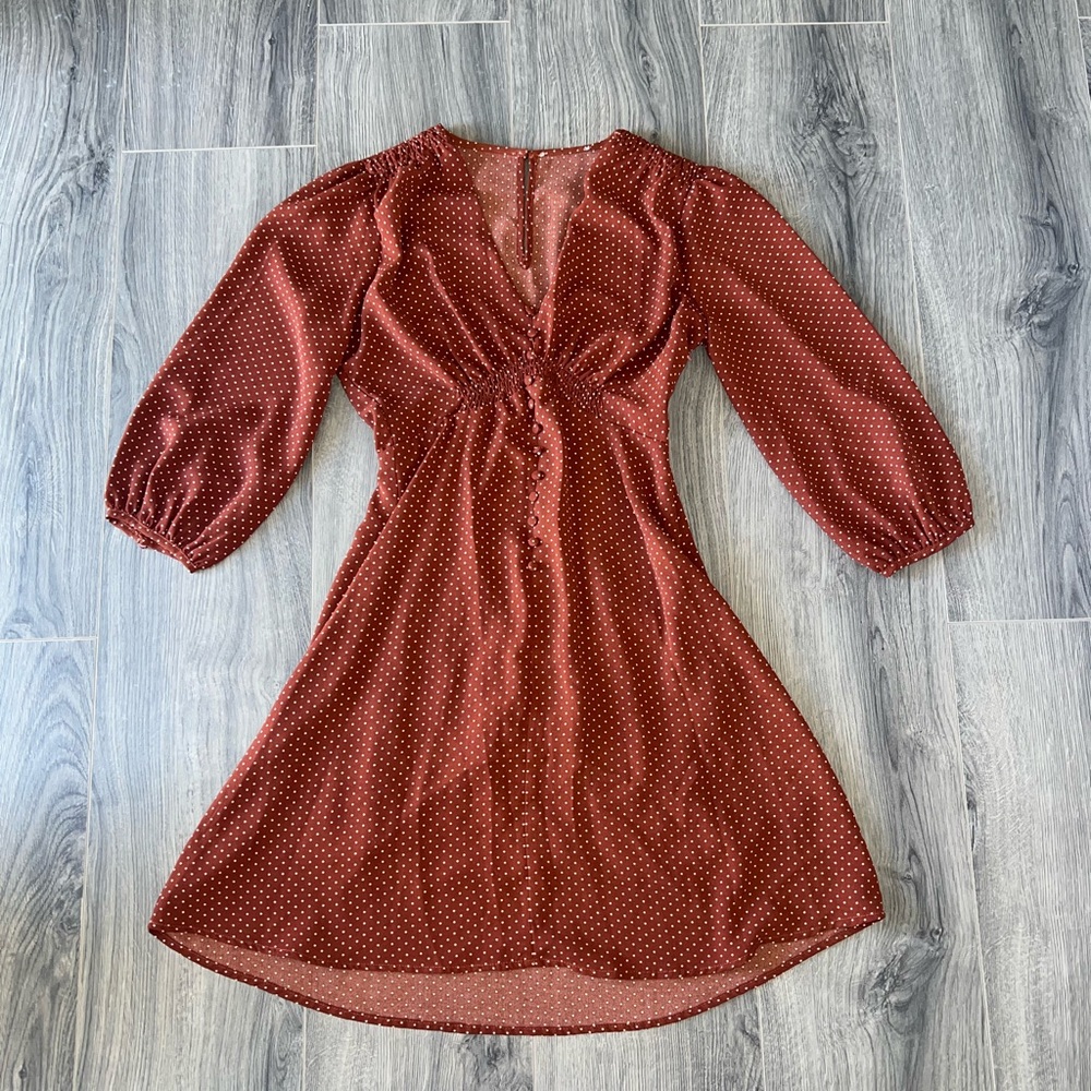 Lulus Lucia Polka Dot Three Quarter Sleeve Dress Brown Women's Size S